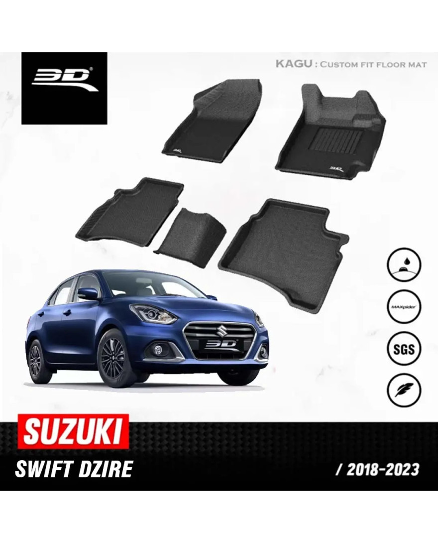 3D Kagu Floor Mat  For SUZUKI SWIFT DZIRE SWIFT  |  2020 to 2023 | Complete Set | BLACK | Custom Fit